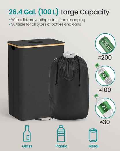 SONGMICS Recycling Bin for Kitchen 26.4 Gallon. Bottle Recycling Container, Collection Bin, for Metal, Plastic, Paper, Glass, Inner Bag with Handles, Kitchen, Ink Black and Natural Beige URRB509B01
