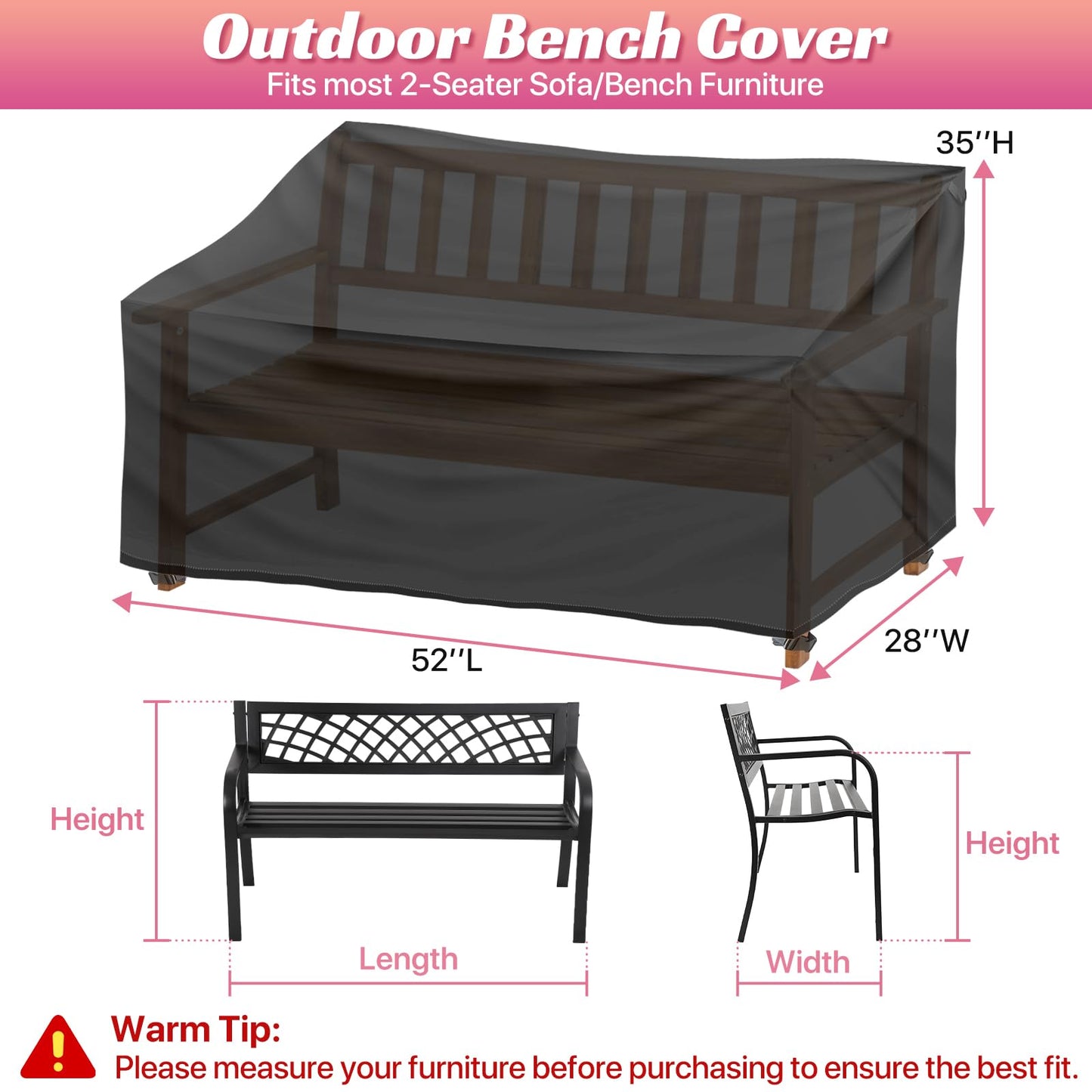 Outdoor Bench Cover 2 Seater Waterproof, 52" W X 28" D X 35" H All Weather Patio Bench Cover for Outside Furniture, Loveseat, Sofa Couch, Bench and Glider, Black