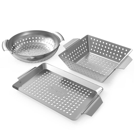 Onlyfire 3 Packs Grill Baskets, Heavy Duty Stainless Steel Perforated Vegetable Grill Baskets, 3 Piece Mini Grilling Basket Set, Grill Pan for Outdoor Grill