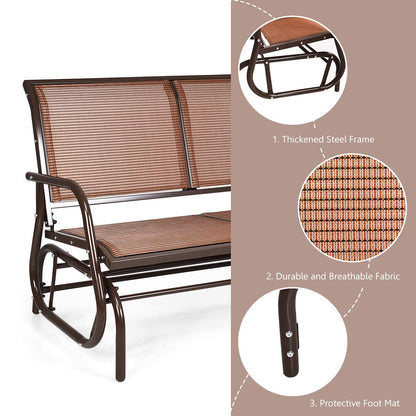 Giantex Swing Glider Chair 48 Inch with Spacious Space, 2 People Lounge Cozy Patio Bench Outdoor & Indoor for Patio, Backyard, Poolside, Lawn Steel Rocking Garden Loveseat (Brown)