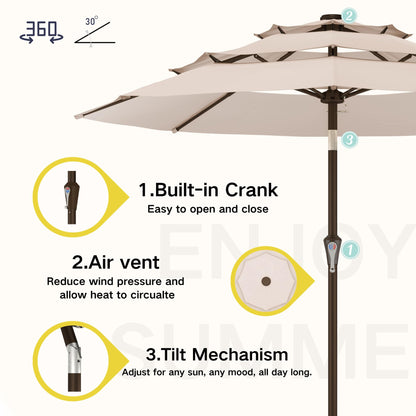 Kingdura 9ft 3-Tier Patio Umbrella, Outdoor Table Umbrella with Easy Crank & Tilt, 8 Reinforced Ribs, UV Protection for Deck, Pool, Market, Backyard (Beige)