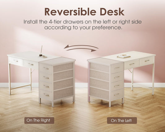 Casaottima 40 Inch Small Computer Desk with 6 Drawers, Reversible Storage Desk for Home Office, Work Study Table for Bedroom, White