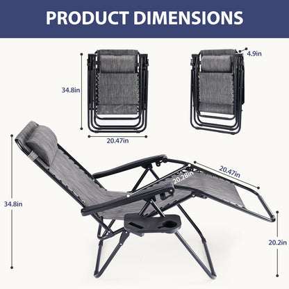 Sweetcrispy Zero Gravity Chairs, Set of 2 Portable Recliner Beach Camping Patio Outdoor Folding Lounge Chair with Cup Holder Trays and Adjustable Pillow for Poolside, Garden, Backyard, Lawn (Grey)
