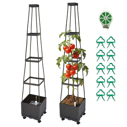 FesmTek Movable Raised Garden Bed Tomato Planter Box with Trellis and Universal Wheel Self-Watering Garden Beds Outdoor for Vegetables 2-Pack
