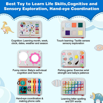 JHkim Busy Board Montessori Toys for 1 2 3 4 Year Old Boy & Girl Birthday Gifts, Autism Sensory Travel Toy for Toddlers 1-3, Educational Activity Sensory Busy Book for Learning Fine Motor Skills, Gray