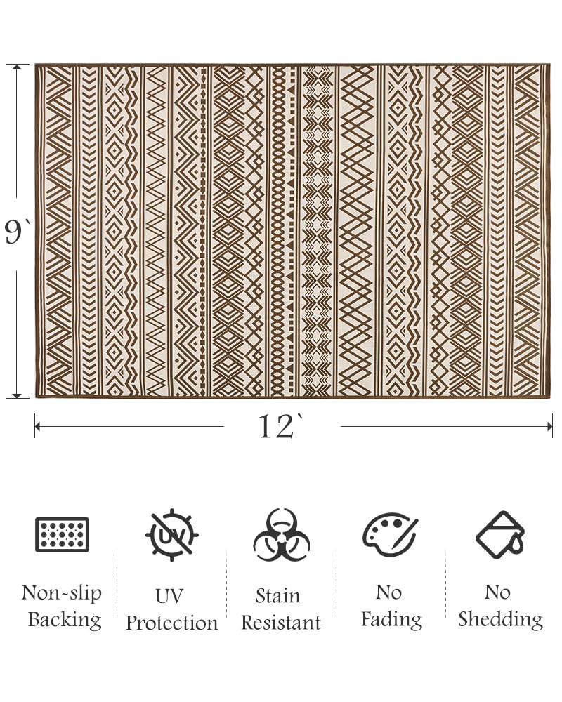 Outdoor Rug Carpet 9x12 ft, Flatweave Textured Outdoor Patio Rug Non Slip Indoor Outdoor Rugs with Rubber Particles Backing Boho Outdoor Area Rug for Patio Deck Front Porch Backyard Balcony, Brown