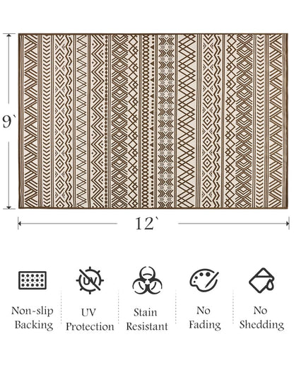 Outdoor Rug Carpet 9x12 ft, Flatweave Textured Outdoor Patio Rug Non Slip Indoor Outdoor Rugs with Rubber Particles Backing Boho Outdoor Area Rug for Patio Deck Front Porch Backyard Balcony, Brown