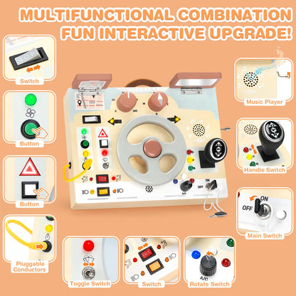 Joyreal Montessori Toddler Busy Board - Montessori Toys for 1 2 3 Years Old, Wooden Sensory Board with LED Lights, Steering Wheel, Music Player, Travel Toys for 1+ Year Old Boy & Girl Birthday Gift