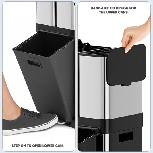 HOLDN’ STORAGE 32L Triple-Compartment Trash & Recycling Bin for Kitchen, 2 Removable Hook-On Bins, Multi-Access Opening, Odor Control, Stainless Steel, 3 Trash Bag Rolls Included