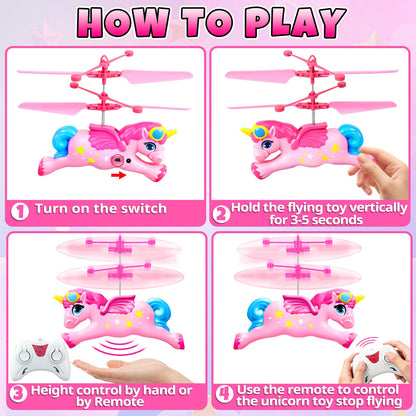 Tcvents Flying Unicorn Toys for Girls, Rc & Hand Operated Flying Ball Mini Drone with LED Lights Remote Control Helicopter Indoor Flying Toy Gifts for Kids Age 6-8 9 10 11 12+ Years Old