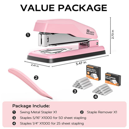 Marsrock Desktop Stapler, Swing-Arm Swivel Stapler, 50 Sheet Capacity, 2000 Staples and Staple Remover, Rotatable Heavy Duty Staplers for Office, Home, Classroom, Booklet, Book Binding,Pink
