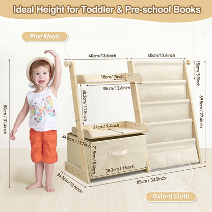 wooshwa Kids Bookshelf and Toy Organizer 2 in 1,Book Shelf for Kids Rooms with Movable Toy Bin,4 Tier Toddler Sling Book Rack for Nursery Bedroom Playroom (Beige)