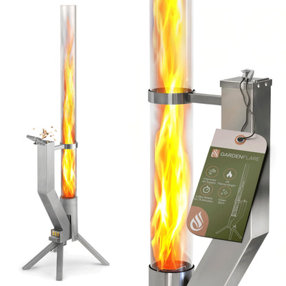 Gardenflare GARDENFLARE Stainless Steel Pellet Stove & Smokeless Firepit, Wood Pellet Patio Heater for Ambiance - Fire Pit for Patio, Fire Tube, Outside Backyard Bonfire & Outdoor Fireplace