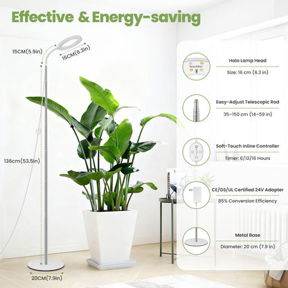 Grow Lights for Indoor Plants 24V, 660nm-Enhanced Full Spectrum, LUMILEDS LED Plant Light, 6.3in Grow lamp with Timer & Dimming, Adjustable Height 14-59in, 15W, 260μmol/s/m²@15cm(6in), J15-W