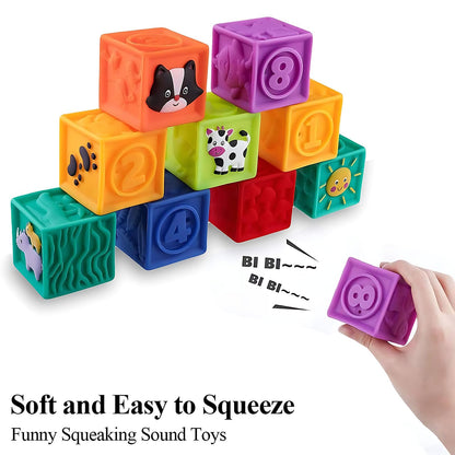 Kingtree Baby Blocks, 9PCS Soft Squeeze Building Blocks Stacking Toys for 6+ Months Babies, Baby Teething Chewing Educational Blocks Set with Numbers Animals Shapes Textures