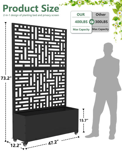 FOLAWO Metal Planter Box with Trellis,70.9"x47.2"x15.7" Raised Garden Bed with Drainage Holes, Privacy Planters for Outdoor Garden Bed for Climbing Plants,Vegetables,and Vines,Black-Modular