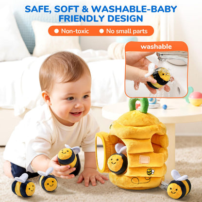 JoyCat Baby Toys 6-12 Months, Soft Baby Beehive with 5 Sensory Bees - Rattle, Crinkle Paper, Squeaker, Mirror + Sensory Owl Stuffed Animal, Soft Tummy Time Toy for Infant with Textured Crinkle Mirror
