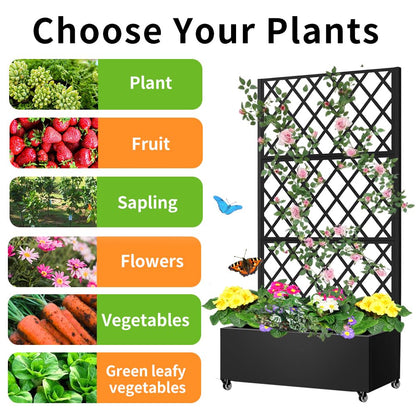 Metal Planter Box with Privacy Screen Trellis,Galvanized Raised Garden Bed On Wheels for Climbing Plants Vines, Standing Garden Flower Bed with Drainage Holes (Black, 35" L x16 W x 73" H)