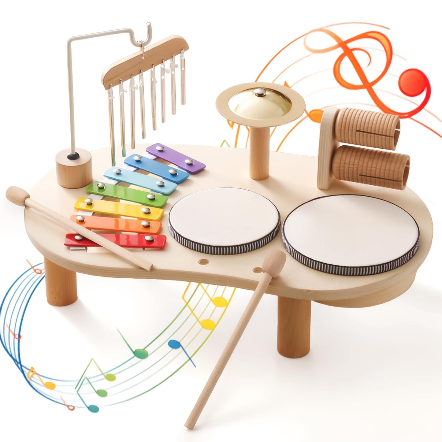 Promise Babe Wooden Drum Set for Toddlers 1-3, Musical Percussion Instruments for Kids Baby Drum Set Xylophone, Montessori Educational Musical Toys for Girls Boys Ages 3+