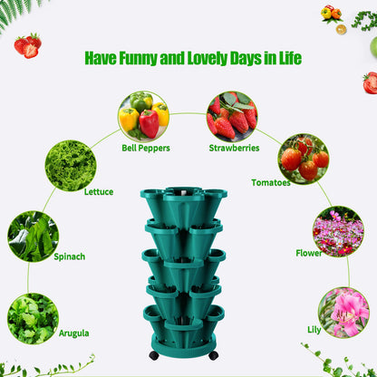 Tectsia Strawberry Vertical Planters Tower Garden, 5 Tiered Stacking Planter with Support Pole, Stackable Herb Vegetable Planters Indoor and Outdoor - Hunter Green