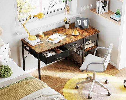 Coleshome Small Computer Desk with Drawers, 40 Inch Reversible Home Office Desk with Storage Shelves, Study Laptop Desk for Bedroom Small Space, Rustic Brown