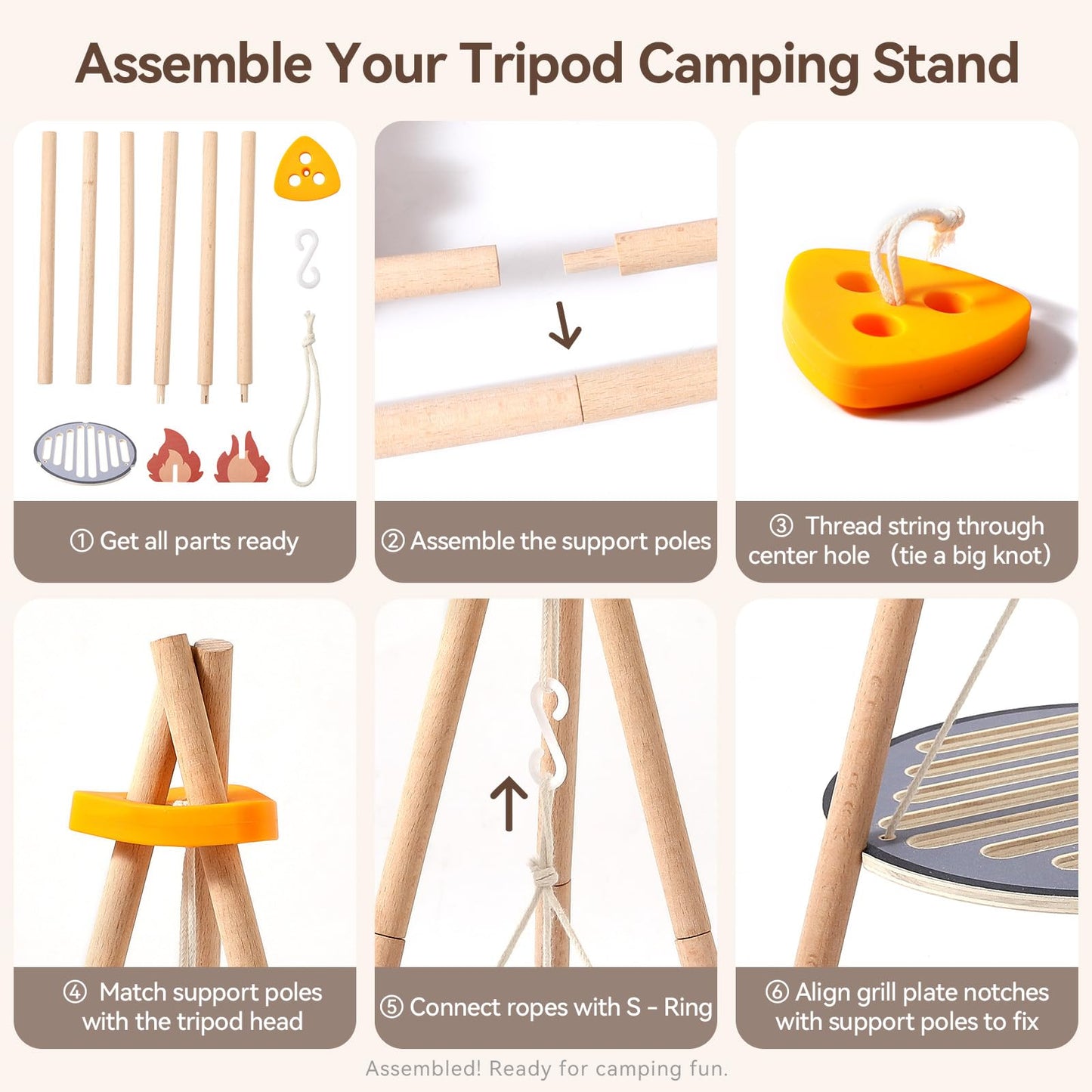 Wooden Kids Camping Toy Set, Campfire Cooking Play Set with Tripod Grill, S’Mores & Kebab Skewers, Montessori Pretend Camping Kitchen Gift for Toddlers Ages 3–6