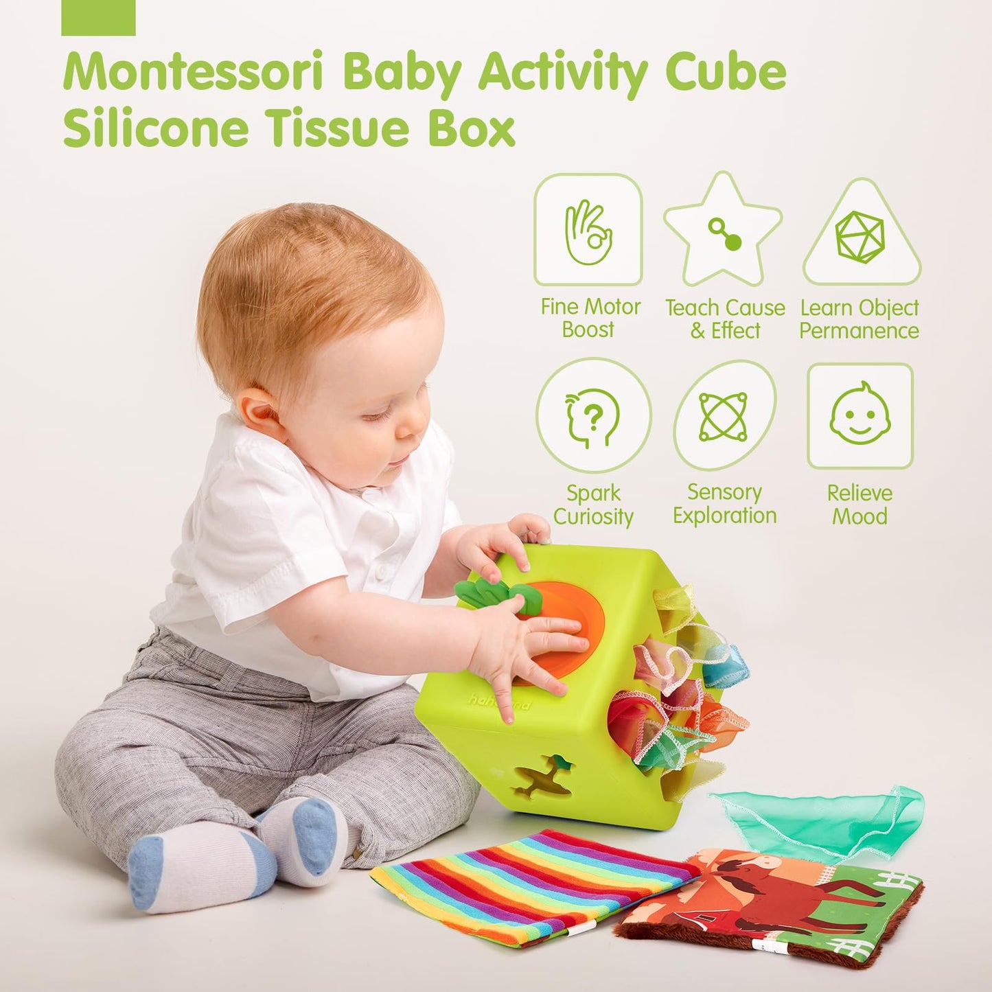 hahaland Baby Toys 6-12 Months - 13 PCS Whats Inside Box Surprise Developmental Toy and Silicone Baby Tissue Box Toy, Montessori Toys for 6 Month Old Gifts