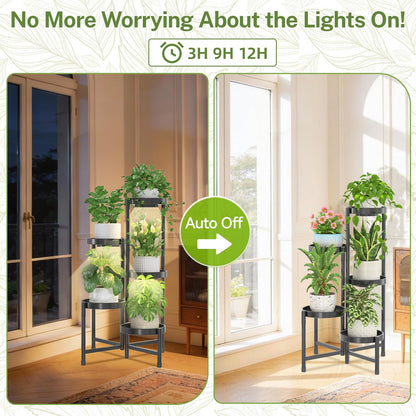 iDavosic.ly Plant Stand Indoor with Grow Light, 5 Tier Corner Metal Flower Display Holder Shelf, Easy Assembly Folding Tall Orchid Rack for Patio Balcony Porch Garden Living Room House, Black