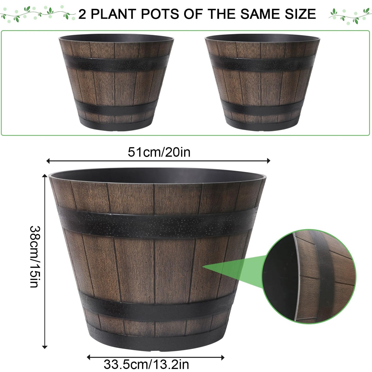 WEICHENGXING Large Plant Pots, 20 Inch 2 Pack Plastic Whiskey Barrel Planters, Big Flower Pots Wine Barrel Design for Outdoor Indoor, Garden, Porch, Patio, Backyard