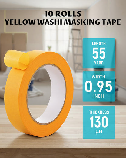 Lichamp 10 Bulk Pack 1 Inch Yellow Washi Tape, Decorative Paper Tape for DIY Crafts & Artist Arts, Painting, Decoration, 0.95 inch x 55 Yard per Roll, 10 Rolls, 1010YE (Total 550 Yards)