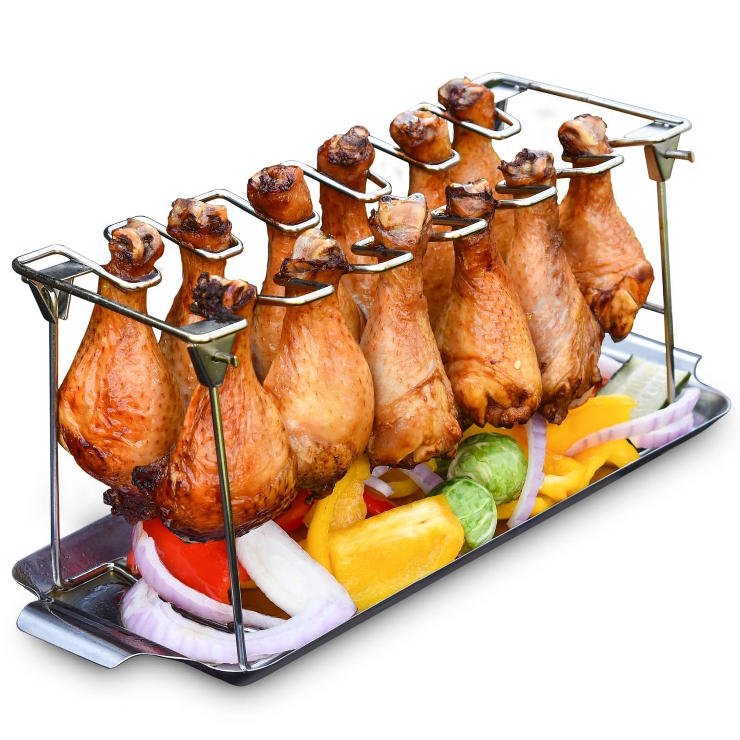 RTT Chicken Leg Rack for Grill with Drip Tray - Easy to Use 12 Slots Chicken Wing Rack - Premium Stainless Steel Chicken Drumstick Rack for Smoker - Chicken Drumstick Holder for Grill Accessories