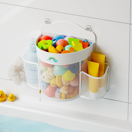 Austion Hanging Bath Toy Storage - Large Opening Quick Dry Mesh Bath Toy Holder with 2 Side Pockets and Bottom Zipper, Space-Saving Bath Toy Organizer for Kids Bathtubs - White