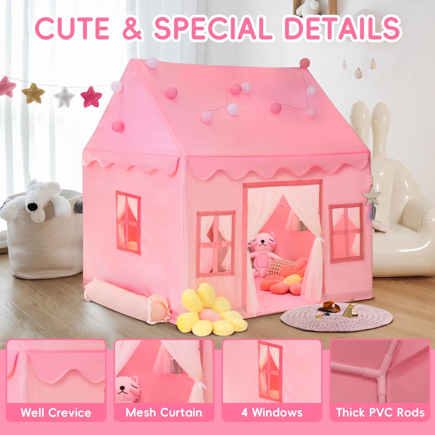RONGFA Large Kids Tent Playhouse Padded Mat with Star Lights, Flags and Tote Bags, Play Tent Indoor & Outdoor, Washable Teepee Tent for Boys & Girls, Kids Play House for Toddler（Pink）