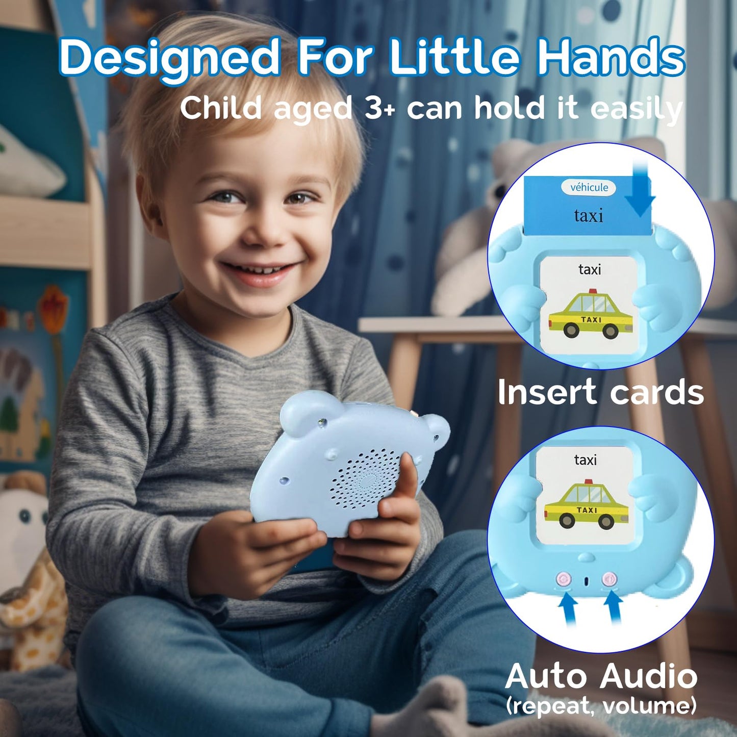 KILOGOGRAPH Bilingual English Flash Cards - French Talking Flash Cards, 510 Sight Words 31 Themes, Pocket Speech for Toddlers 3-12, Autism Sensory Toys, Preschool Learning Activities (French, Blue)