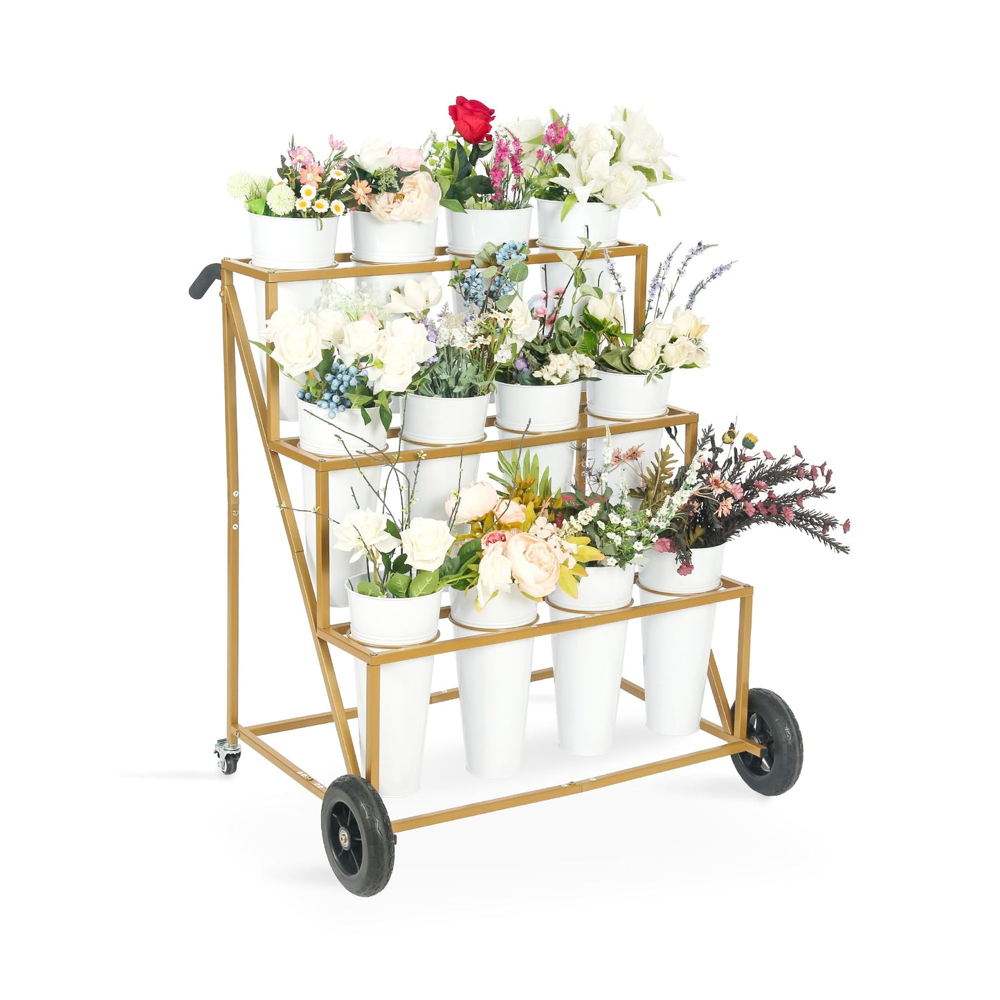 Ruifabo Flower Bar Stand with 12 Iron Buckets - Flower Display Stand with Big Wheels - Hand-Pushed Moving Flower Cart for Garden and Wedding - 3 Layers Gold Florist Bouquet Holder