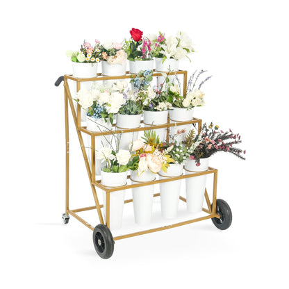 Ruifabo Flower Bar Stand with 12 Iron Buckets - Flower Display Stand with Big Wheels - Hand-Pushed Moving Flower Cart for Garden and Wedding - 3 Layers Gold Florist Bouquet Holder