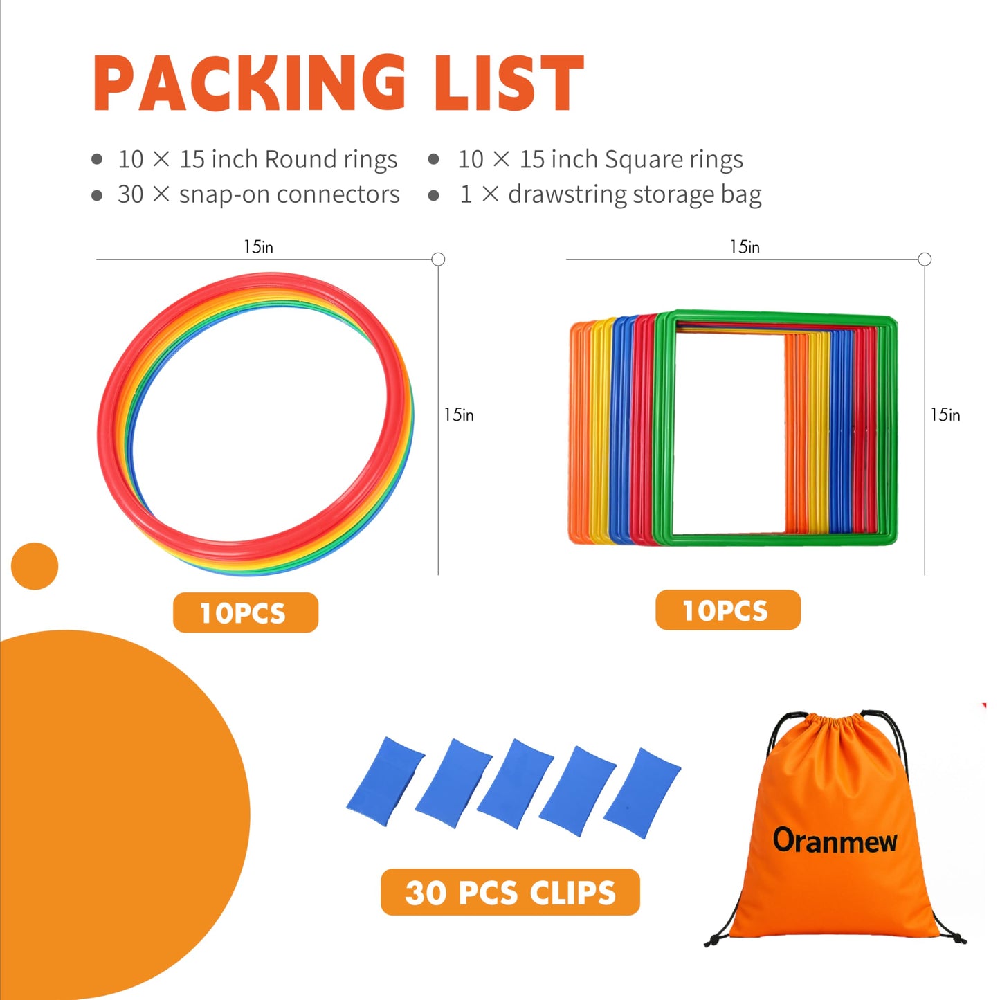 Oranmew Hopscotch Rings – Hoop + Square, 2-Set – (10 Round + 10 Square, 15-inch) + 30 Connectors, Agility Rings for Kids, Gross Motor Skills, Preschool & Kindergarten PE, Playground Obstacle Course