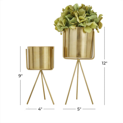 CosmoLiving by Cosmopolitan Metal Indoor Outdoor Planter Small Small Planter Pot with Removable Stand, Set of 2 Planters 12", 9"H, Gold
