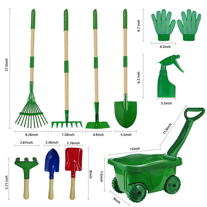 VICHTOP 10Pcs Kids Gardening Tools Set - Wheelbarrow Toys with Shovel, Rake, Hoe and Leaf Rake for Outdoor Backyard Play, STEM Educational Toys, for Toddler Boys & Girls Ages 3 4 5