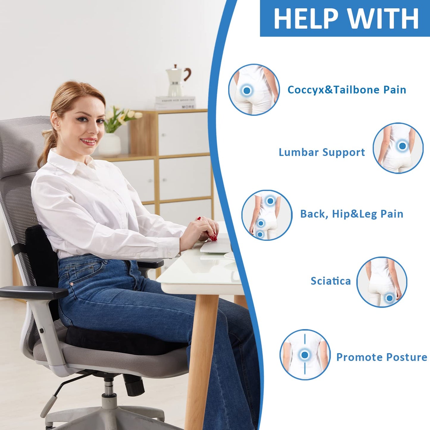 SAIREIDER Seat Cushion and Lumbar Support Pillow for Office Chair, Memory Foam Car Seat Cushions Back Support Pillows, Help Relieve Pain of Back, Lumbar, Tailbone and Sciatic Nerve（Black）
