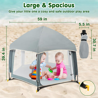Zooawa Pop Up Playpen for Baby, 150*100 cm(L*H) Playpen for Babies and Toddlers with Removable Sun-Shades& 2 Side UV Covers, Lightweight Outdoor Baby Play pen for Beach Home with Travel Bag,Light Gray