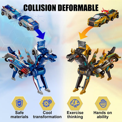 Aimery Collision Transforming Dinosaur Car Toy, 2 Magnetic Cars Convert into Dinosaur Toys,Dino Robot Toy, Boys Toys,Kids Toys, Party Birthday for Kids (Gold Blue)