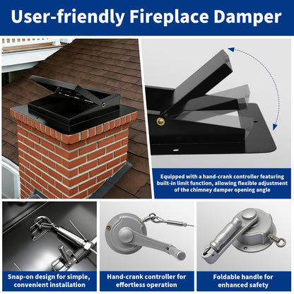 13"x13" Top Mount Chimney Damper with Hand Crank Controller, Thickened Galvanized Steel Fireplace Damper for Wood Burning Masonry Fireplaces, Fully Enclosed Sealing, Energy Efficient & Weatherproof