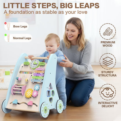 Wooden Baby Walker,Adjustable Speed Push Walker with Wheels and Learning Activity Center,Montessori Walker for Babies 12 Months,Baby Walker Push Toys for Baby Boys and Girls Gifts (Blue)