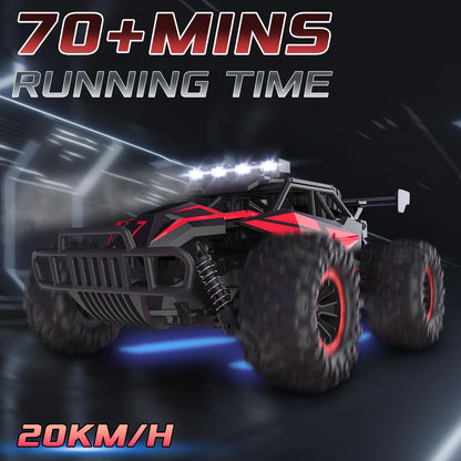 LARVEY 1:16 Scale Remote Control Car, 20 Km/h High Speed Remote Control Truck Off Road RC Monster Vehicle with LED Headlights and Chassis Lights, Electric Toy for Boys Kids and Adults