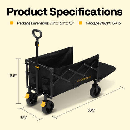VIVOHOME 130L Collapsible Wagon with Tailgate, 320lb Load-Bearing Outdoor Utility with All-Terrain Wheels, Adjustable Handle, Cup Holders for Camping, Shopping, Garden, Sports, Picnic, Black