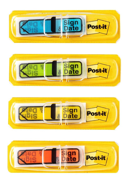 Post-it Message Flags, Sign and Date, 30/Dispenser, 4 Dispensers/Pack, .47 in Wide, Assorted Colors (684-SD) (3 Pack)