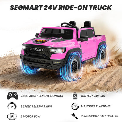 Segmart Licensed RAM 1500 RHO 2 Seater Electric Car, 24V Ride on Car for Big Kids with Remote Control, Toddler Ride on Toy w/4 Wheels Suspension, LED Lights, Bluetooth, Soft Start Function (Pink)