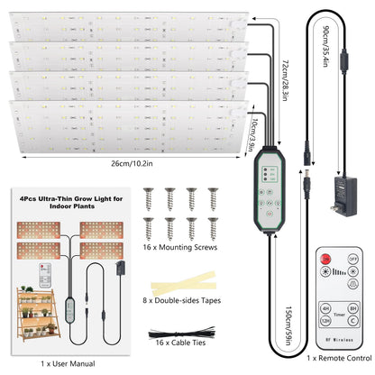 Grow Light, 40W Ultra-Thin LED Grow Lights for Indoor Plants Full Spectrum, 4/8/12H Timer Plant Light Panel, 304 LEDs Under Cabinet Plant Growing Lamp Strip Panel for Seedlings, Veg, Flowers (4pcs)