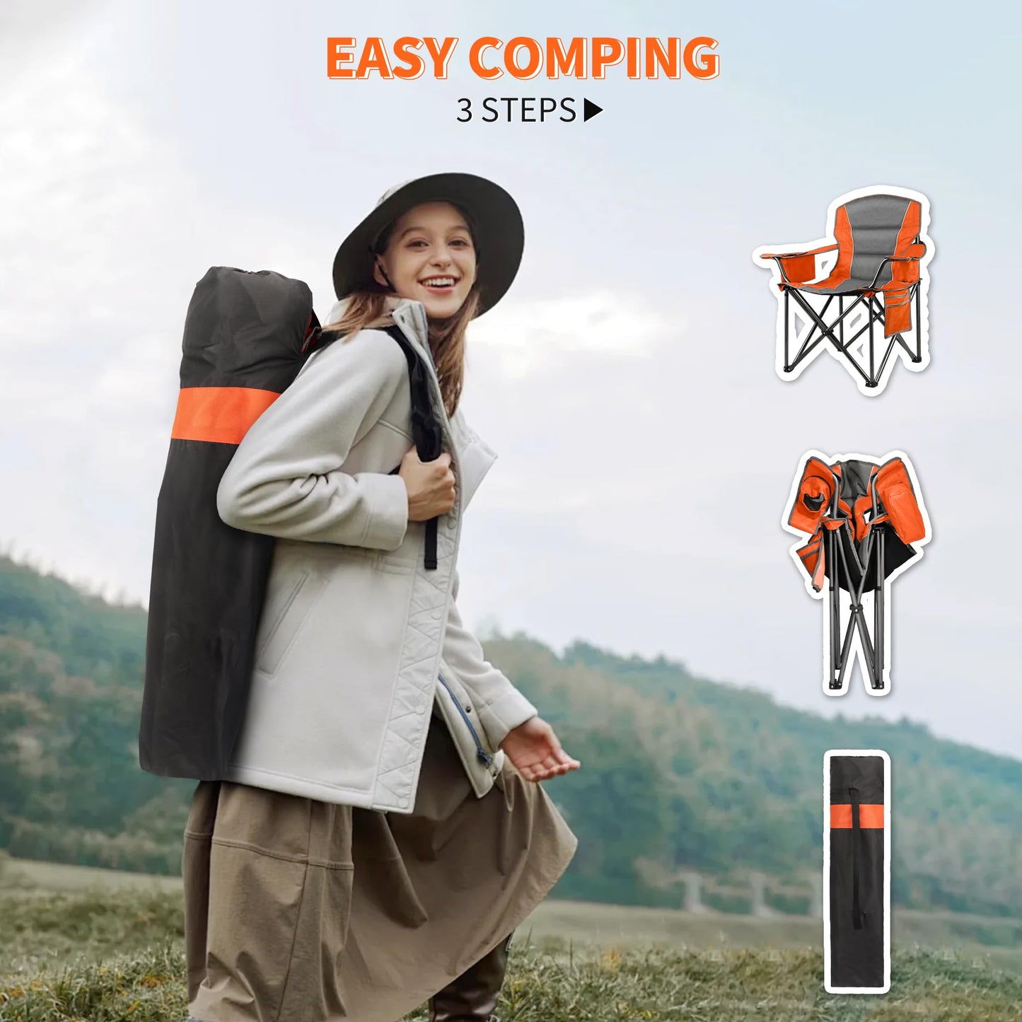 LANMOUNTAIN 2 Pack Padded Oversized Camping Chairs for Adults,Heavy Duty Support 400 Lbs,Folding Portable Lawn Chair w/Cup Holder,Cooler Bag,Side Pocket,Perfect for Outdoor Picnic,Hiking(Orange&Blue)